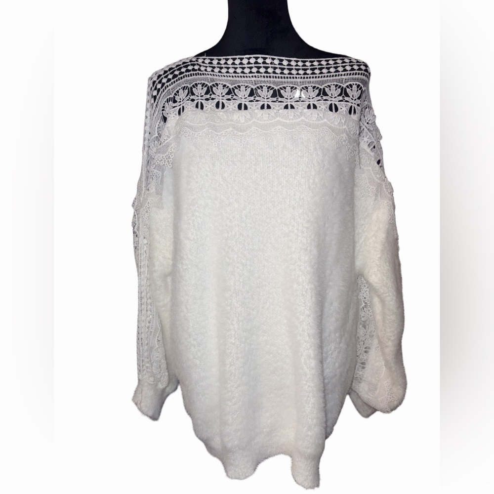 Plus Size 3XL White Lace Shoulder Sweater Soft Fuzzy Knit
